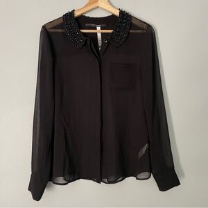 Kensie Womens M Black Beaded Collar Sheer Button Down